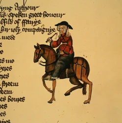 La Femme de Bath (détail) des Contes de Canterbury, par Geoffrey Chaucer, manuscrit Ellesmere, édition fac-similé, 1911